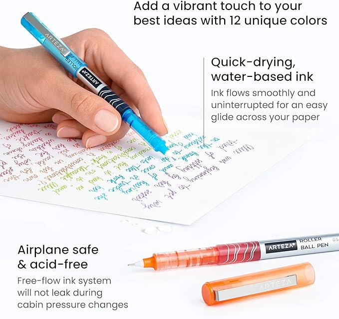 ARTEZA Rollerball Pens Fine Point, 24 Colored Pens Set, 0.5 mm Extra Fine Needle Tip, Liquid Ink Writing Pens for Journaling, Note Taking, Drawing, Color Coding