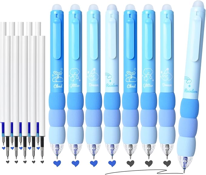 Temiary 18Pcs Aesthetic Retractable Erasable Gel Pens, Make Mistakes Disappear, 8 Pens & 10 Refills, Cartoon Smooth Writing Pen, 0.5 mm Black & Blue Ink Pen, Office School Supplies. (Blue Theme）