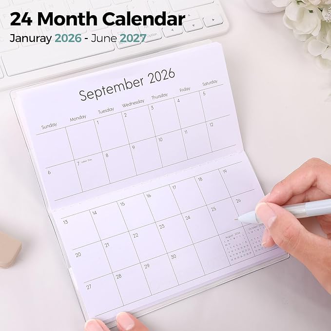 Pocket Calendar 2026-2027 for Purse, 2026-2027 Pocket Planner 24 Months with Soft Waterproof Cover and Premium Paper, 6.5" x 3.5", Leaf