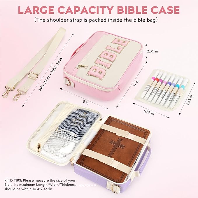 Bible Cover Case for Women Grils, Preppy Bible Bag with Adjustable Shoulder Strap, Waterproof Bible Carrying Tote Bags Holder for Bible Study Supplies Accessories & Christian Gifts (Light Pink)