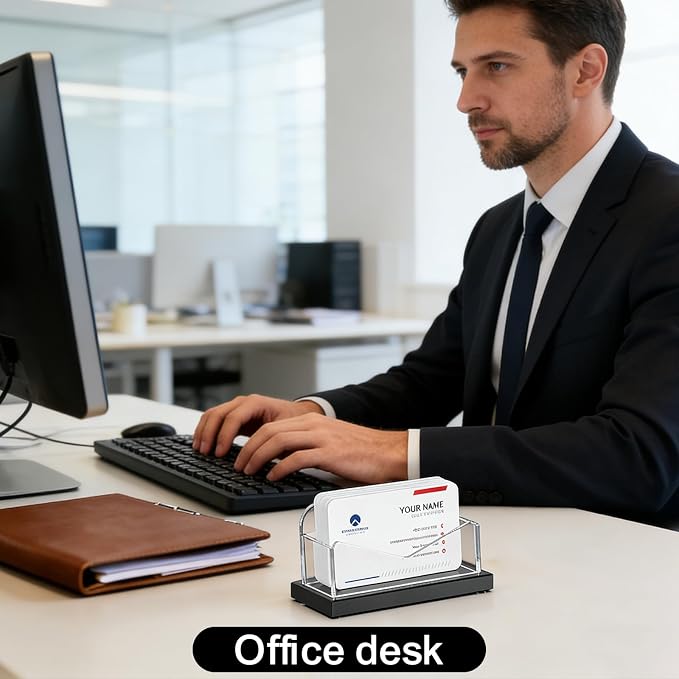 LUGUNU Acrylic Business Card Holder for Desk 2 Pack, Weighted Non-Slip Base Display Stand with 100-Card Capacity, Modern Professional Office Organizer for Home, Trade Shows, or Travel