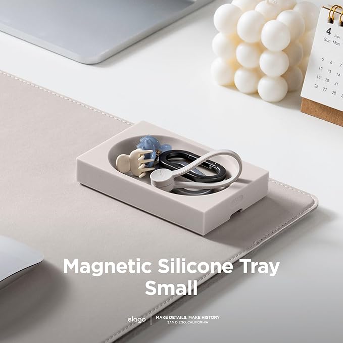 elago Smart Magnetic Desk Mat Pencil Tray – Soft Silicone Organizer for Office Supplies, AirPods, Glasses, Pens – Noise-Free, Non-Slip, Washable, Item for Desk Management [Small] (Stone)