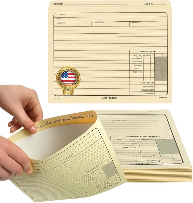 NextDayLabels - Classic Manila File Jacket 10” x 12” Job Folders – Heavy Duty - Preprinted to Track Job Progress, Calculating Cost, and Customer Correspondences (Pack of 25)