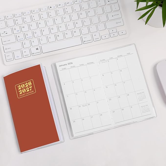Pocket Calendar 2026-2027, Purse Monthly Planner, Runs from January 2026 Until December 2027, 3.7" x 6.7", Pocket Calendar with PVC Cover for Planning, Organizing and Office - Brown