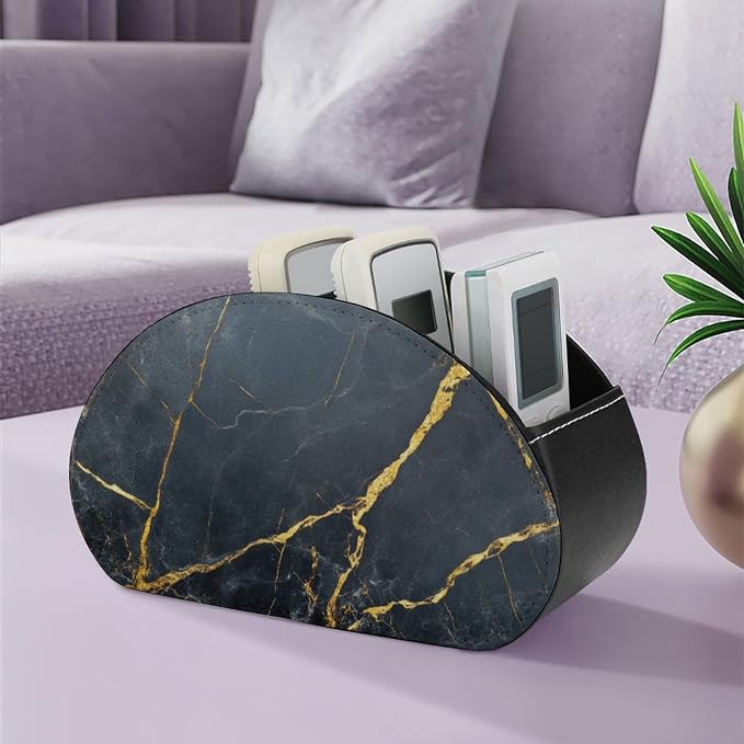 Polished Black Marble with Golden Veins Remote Control Holder with 5 Compartments Leather TV Remote Caddy Remote Storage Box Desktop Organizer for Pen/TV Remotes/Media Controllers/Office Supplies