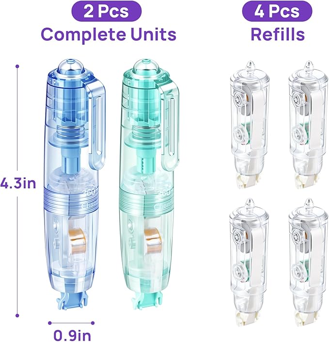 Refillable Retractable Correction Tape, Smooth Pull Out White Correction Tape with 4 Extra Refills, Easy to Use for School Office Supplies