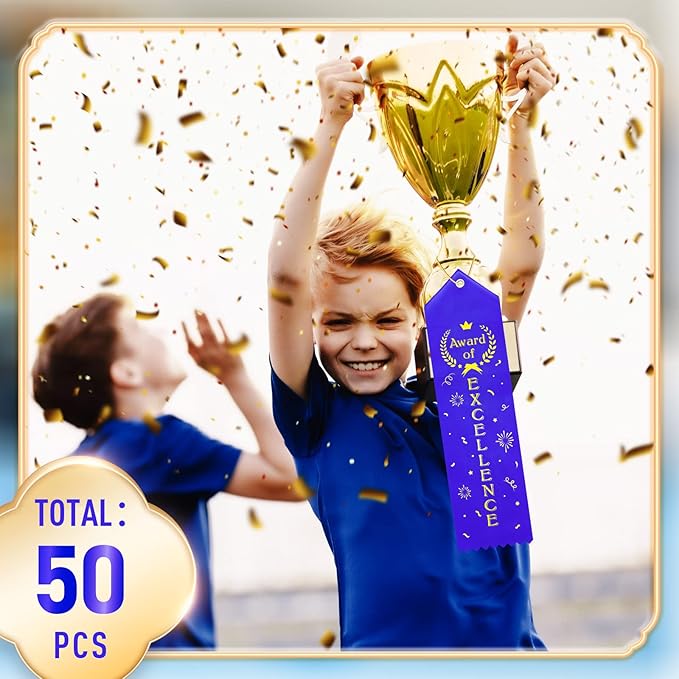 Award of Excellence Ribbons Award Prize Achievement Ribbon with Event Card and Rope for Kids Competition, Sports Event, Contests, School, Office Team(50 Pieces)