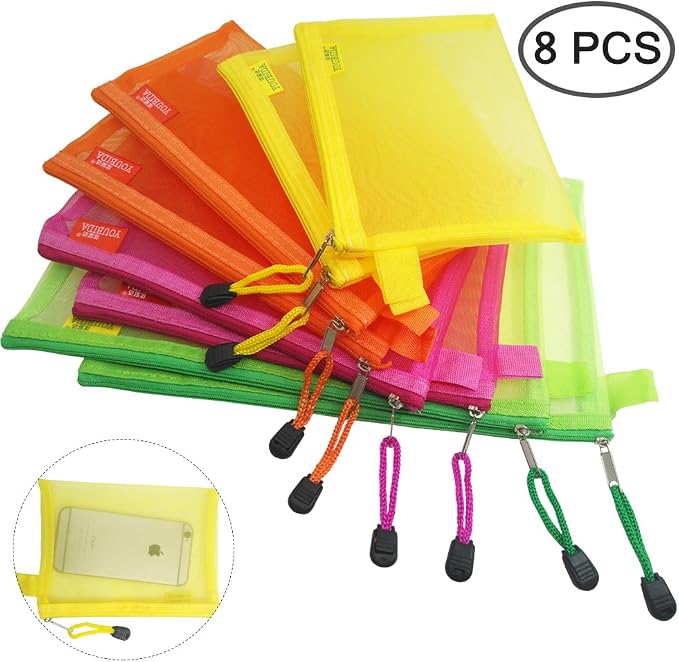 8 Pcs Zipper Mesh File Bags Folder Document Pockets with Bill B5 A5 A6 Size, AFUNTA 4 Color 4 Size Nylon Pencil Case Cosmetic Storage Office Pouch Holder- Orange, Yellow, Green, Rose Red