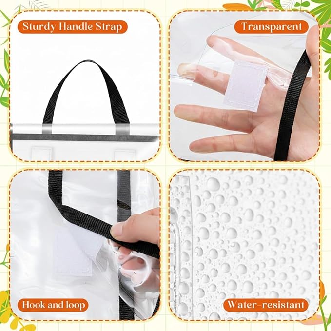 Teling 6 Pack Thick Clear Book Pouches with Blank Name Tags and Handles Book Baggies Bags Bins Organizer for School Classroom Library Pockets Students (14 x 11 Inch,Black)
