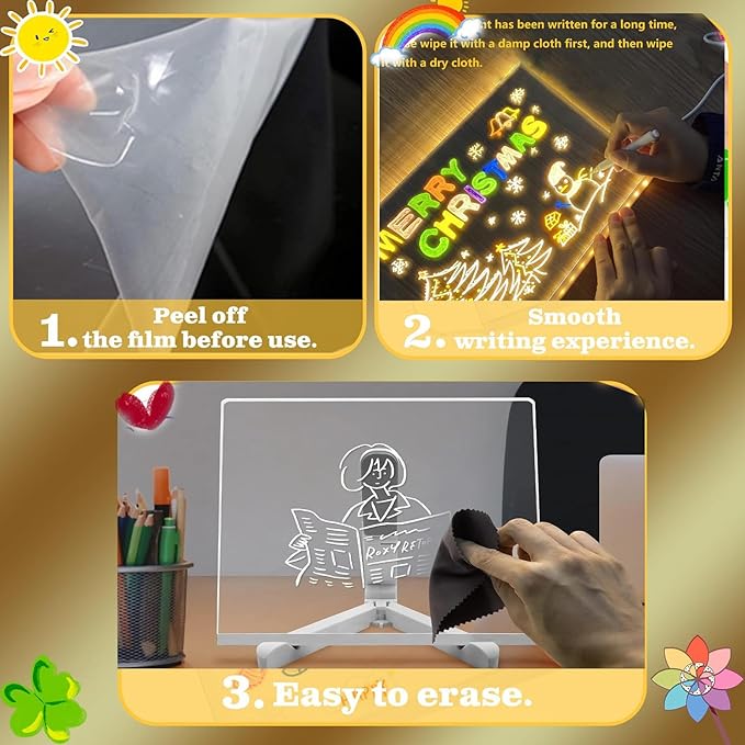 LED Note Board with Colorful Pens, Acrylic Dry Erase Light Up Writing Board, 11.8 x 7.9 Inch, with Stand for Family, Office, School, Bar, Cafe