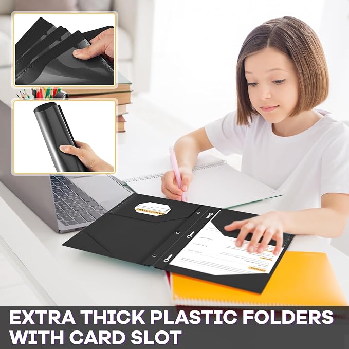Henoyso 36 Pcs Plastic Folder with Clear Front Pocket and 3 Prong Plastic Folders with Card Slot Pocket Folders with Prongs for School Office (Black)