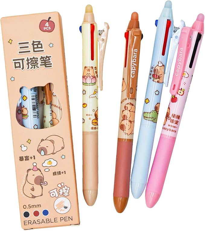 Maydahui 4 Pcs 3 Colors Cute Capybara Erasable Pens Multicolor 3-in-1 Retractable Pen 0.5mm Black Blue Red Ink 4 Styles Kawaii Cartoon Animal Pens for Sutdents Birthday Gifts Shcool Office Supplies