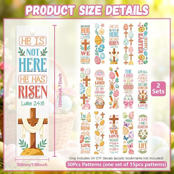 Peacoblue 30pcs UV DTF Bookmarks Transfer Stickers Wraps Easter Cross with Christianity for Women Men Reading, Waterproof Bookmarkers Decal(No Blank Bookmarks)for Acrylic Plastic Metal Blank Bookmark