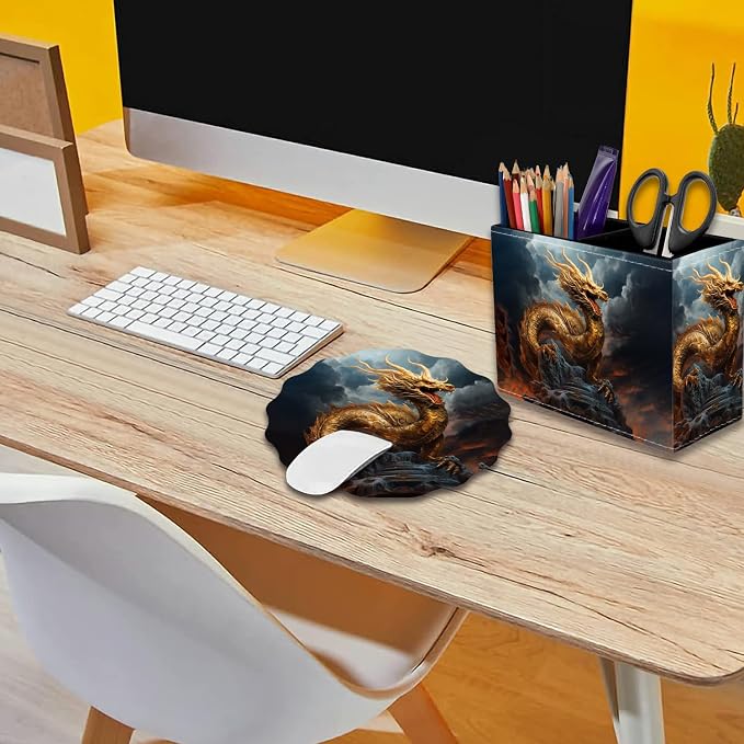 Pen Holder for Desk, PU Leather Multifunctional Desktop Storage Box and Anti-Slip Mouse Pad Set, Makeup Brush Holder Pen Organizer for Office and Home - Golden Dragon