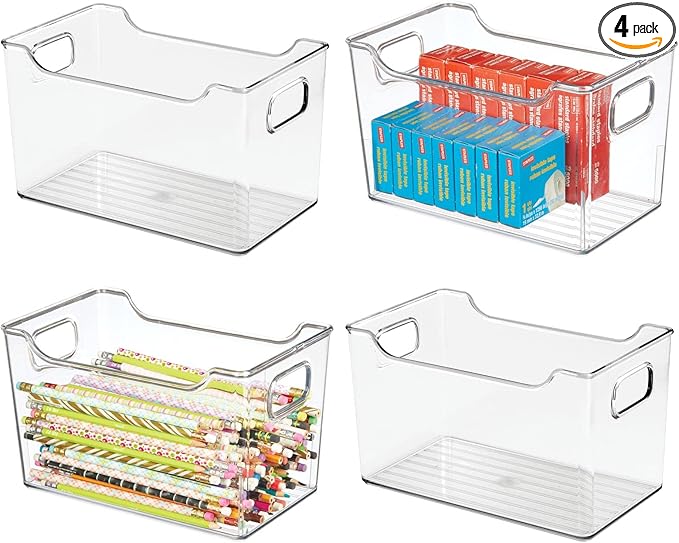 mDesign Deep Plastic Office Storage Bins with Handles for Organization in Filing Cabinet, Closet, or Desk Drawers, Organizer for Notes, Pens, Pencils, and Staples - Ligne Collection - 4 Pack - Clear