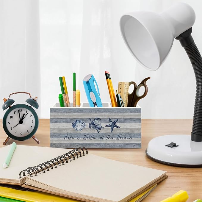Coastal Beach Pen Pencil Holder for Desk Decor, Inspirational Ocean Office Desk Accessories, Blue Turtle Coastal Pen Holders Organizer for Office Bathroom, Life Is Better at the Beach