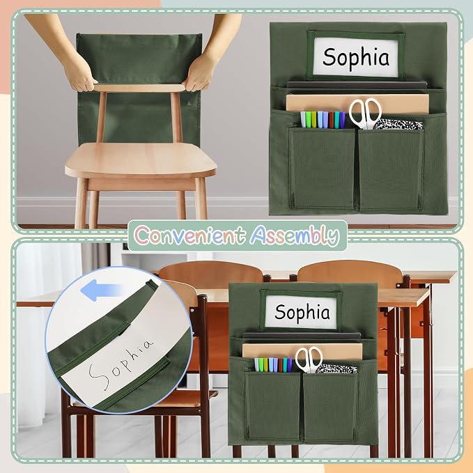 gisgfim 24 Pcs Small Chair Pockets for Classroom 13 x 14 Inch Bag with Name Tag Multi Pockets Chairsback Pouch Organizer for Student Kindergarten Elementary Daycare (Earth Color)