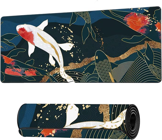 Watercolor Japanese Koi Fish Extended Gaming Mouse Pad Large Desk Mat with Non-Slip Rubber Base and Stitched Edges,Keyboard Mouse Mat Desk Pad for Work,Game,Office,Home 35.4 * 15.7 Inch