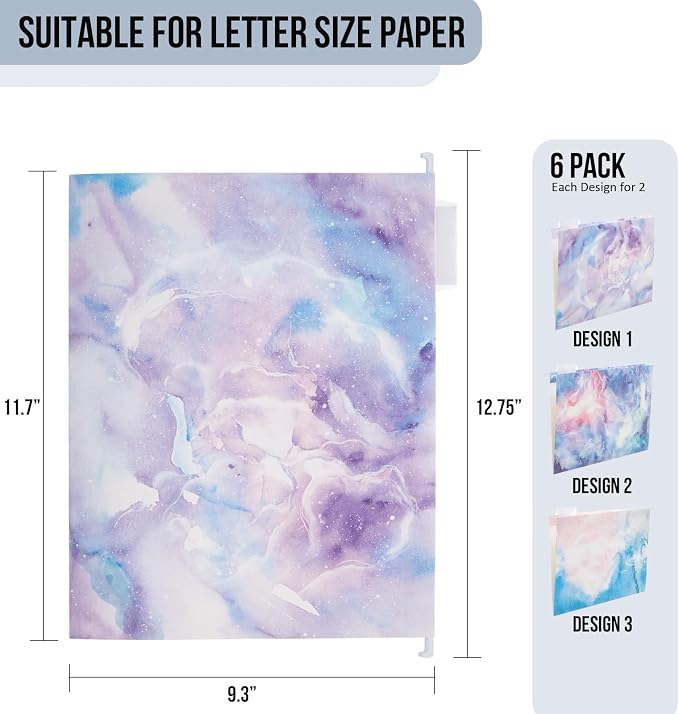 Y YOMA 6 Pack Decorative Hanging File Folders Letter Size Marble Cute Hanging Folder Pretty File Folder Organizer for Filing Cabinet Office Home with 1/5-Cut Adjustable Tabs, 3 Pink Nebula Design