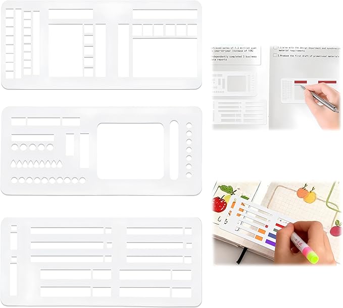Handmade Flexible Record Template,3 Pack Planner Stencil Set for Dot Grid,Drawing,Checklists,Boxes,Lines&Daily Planning,Reusable Templates Kit for Journaling,Calendar,Scrapbooking&DIY Crafts Supplies