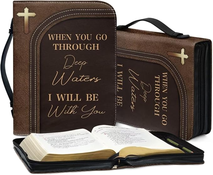 Retro Style Cross and Lion Bible Case with Bookmark Waterproof Bible Cover Case for Women Lightweight Bible Bag with Handle Pockets Church Book Bag Brown