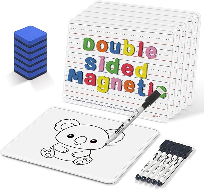 Magnetic Dry Erase Boards, 6 Pack 9”x12” Double Sided Portable Personal Small Whiteboards with Lines, Include 6 Markers, 6 Erasers, 6 X 52 Foam Letters for Kids, Students, Teachers Classroom School