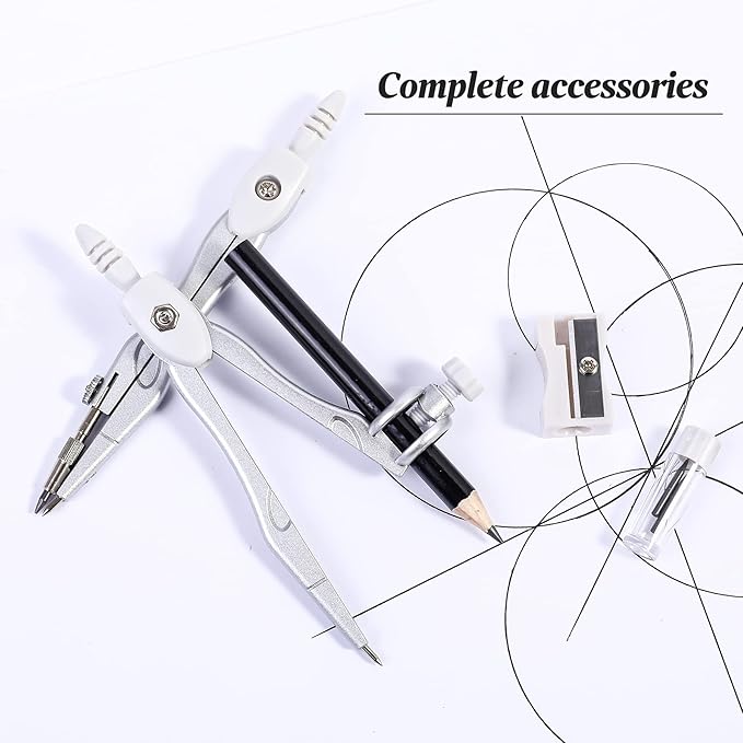 Vobou Math Geometry Kit Sets 10 Piece Student Supplies with Shatterproof Storage Box,Includes Rulers,Protractor,Compass,Eraser,Pencil Sharpener,Lead Refills,Pencil,for Drafting（White）