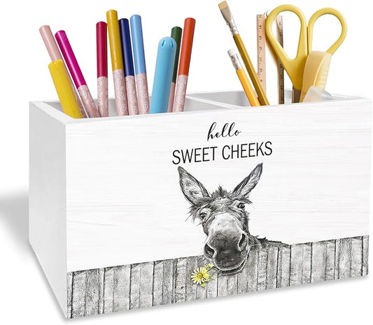 Farmhouse Funny Donkey Pen Pencil Holder for Desk, Gifts for Donkeys Lovers, Hello Sweet Cheeks Donkey Wooden Makeup Brush Toothbrush Holder Organizer for Bathroom Vanity Powder Room