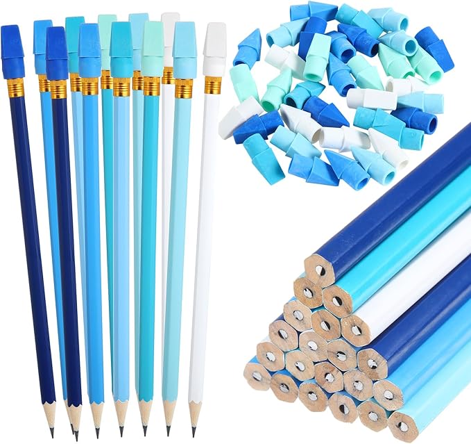 24sets/72pcs Wood-cased Blue Colored Pencils, Aesthetic #2 Eco Wooden Paper Pencils with 48 Pcs Top Erasers, Number 2 Unsharpened Pencil Bulk Gifts for Birthday Party Favors Writing Drawing Office