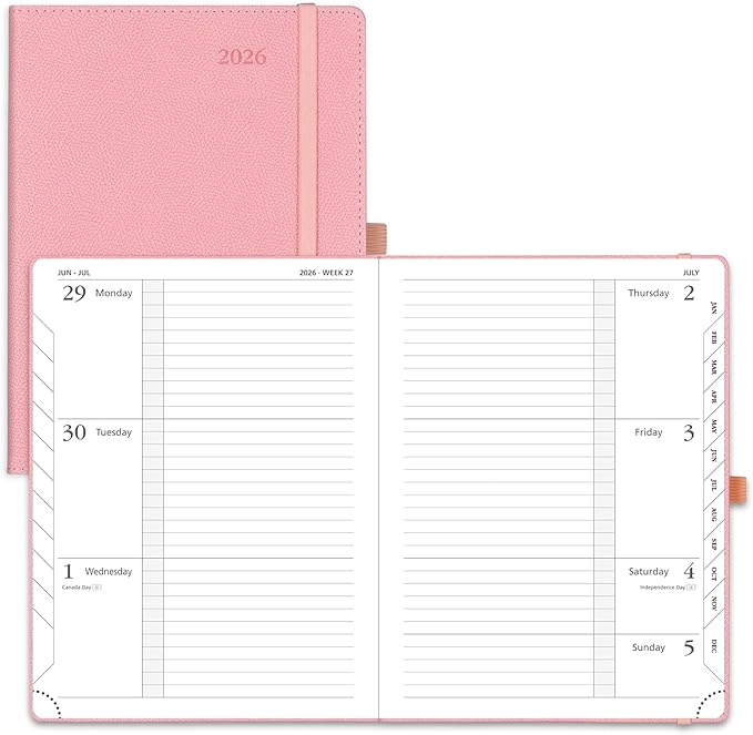 POPRUN Weekly Planner 2026 Calendar (Medium 6.75" x 8.75") 12 Months Notebook with Horizontal Layout, Leather Hardcover, Inner Pocket, 100GSM Thick Paper, Pen Holder - Soft Pink