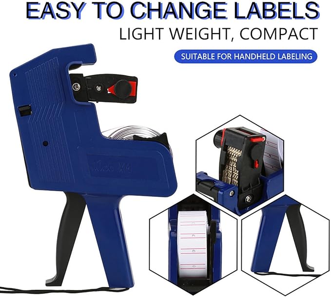 Price Tag Gun, 8 Digits Price Tag Gun Retail Pricing Labeller Kit Labeler with Label Rolls and Spare Ink (Blue)