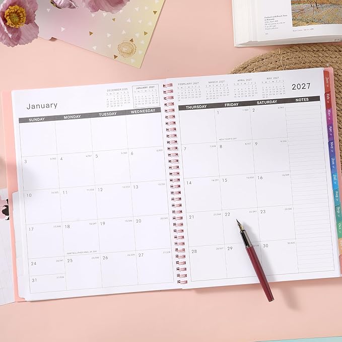 2026-2027 Monthly Planner - Planner 2026-2027, Monthly Calendar 26-27, Jul. 2026 - Dec. 2027, 9" x 11", 18 Month with Tabs & Pocket, Flexible Cover, Twin-Wire Binding, Thick Paper - Pink