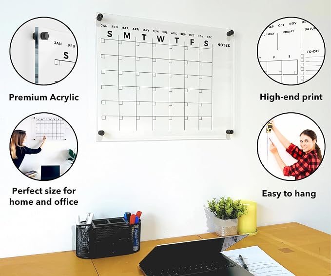 Acrylic Wall Premium Calendar with Black Hardware - Monthly and Weekly Board Family Planner - Dry Erase Family Calendar - Marker (24x18'' (Regular) - Black Standoff)