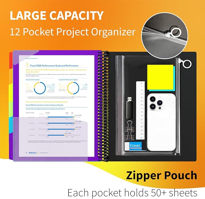 12 Pocket Project Organizer, 6 Colors Multi Pocket Folder Binder with Dividers, Spiral Pocket Notebook with Zipper Pouch, Office Organizer File Folders, Letter Size, School Supplies, Black