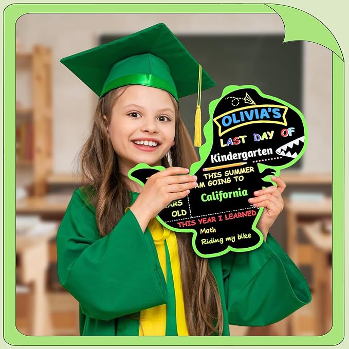 First and Last Day of School Board Reusable, Back to School Chalkboard Sign, Double Sided Preschool Kindergarten Signs for Kids Girls Boys (Cute Dinosaur)
