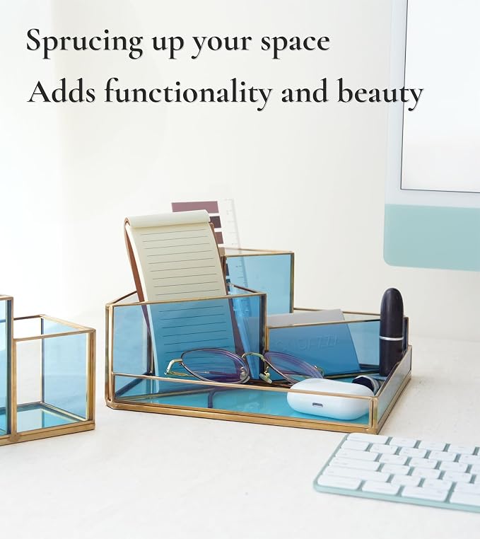 Gold & Blue Glass Desk Organizer - Elegant Office Decor, Aesthetic Makeup Brush Holder & Skincare Organizer, 4-Compartment Pen Holder, Pencil Cup, Vanity & Cosmetic Storage, Desk Accessories for Women