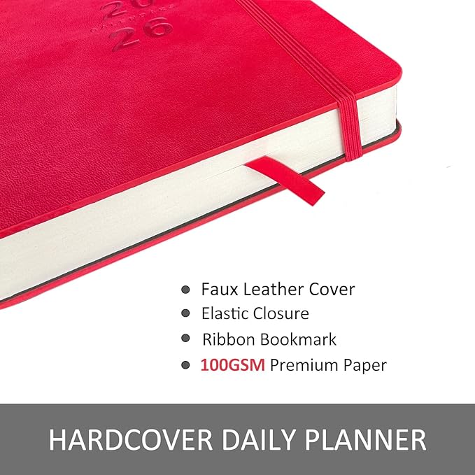 Daily Planner 2026, Calendar 2026 Agenda Planner Daily Journal Notebook 8.5"x5.8", January 2026 to December 2026, Faux Leather Cover (Red, 8.5"×5.75")