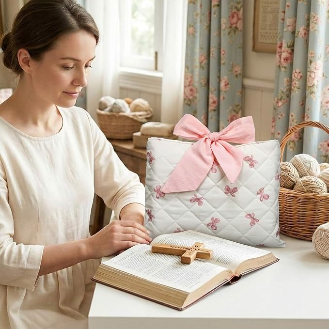 Honoson Quilted Bow Bible Sleeve Cover Case Padded Protector Washable Bible Bag Pouch Christian Gift for Women Girls Book Lover Gifts(Pink Bow)