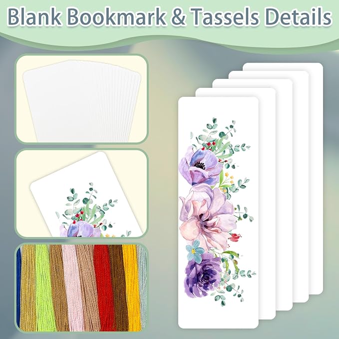 DSYIL Blank Bookmarks Making Kit, 50 Pcs Paper Bookmark to Decorate, 50 Colorful Tassels, 50 Pcs Clear Bookmark Sleeves for DIY Book Mark Projects and Gift Tags, 5.5 x 2 inches