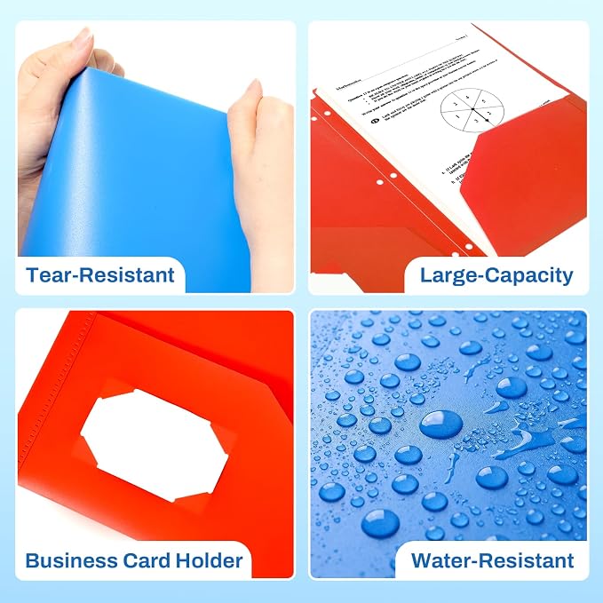 SUNEE 3 Hole Folders with Pockets (6 Pack, Assorted Color) Plastic Folders for 3 Ring Binder, Heavy Duty Binder Folder for Document for School, Students, Teachers, Office Staf