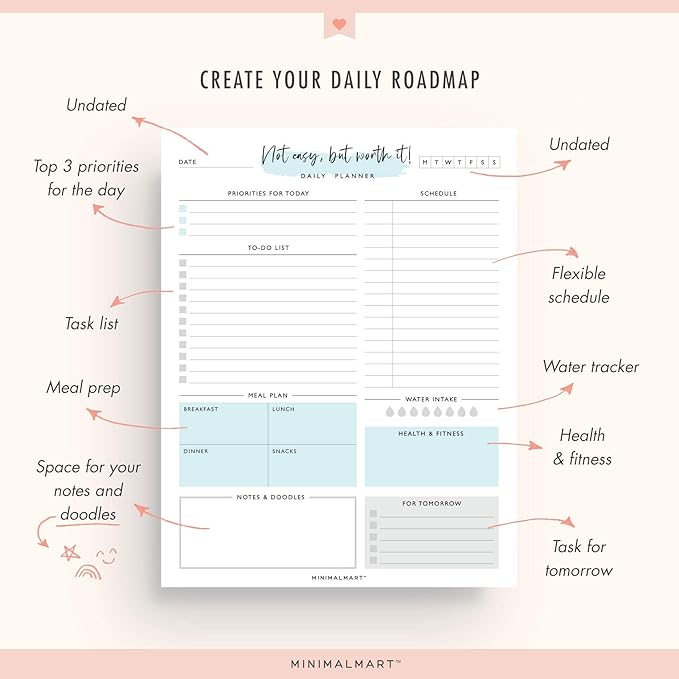 Daily Planner with 50 Undated 8.5 x 11 Tear-Off Sheets, Motivational Daily Vibrant Calendar, Organizer, Scheduler, Productivity Tracker, Meal Prep, Organize Tasks, Lists