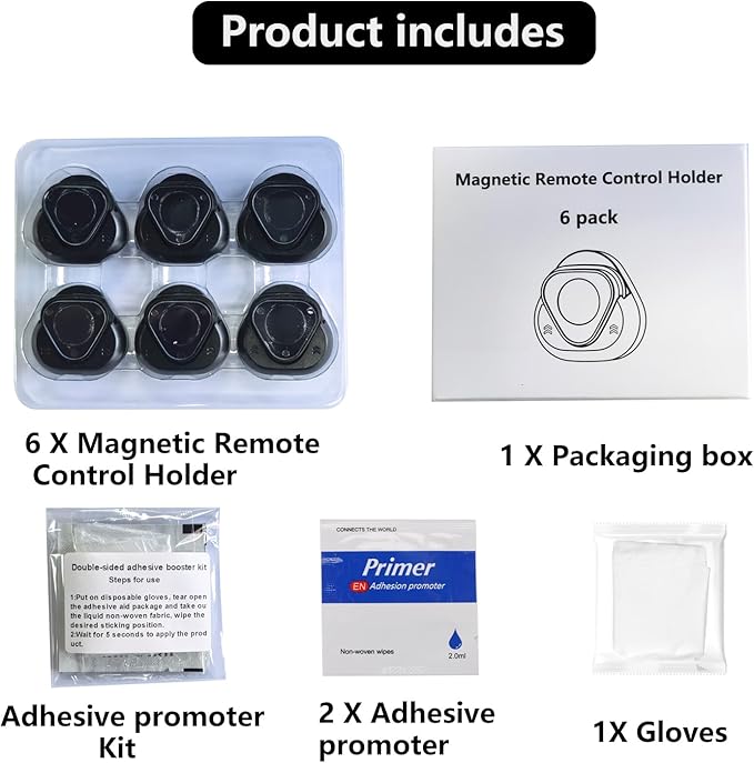 JUMEIHUI Magnetic Remote Control Holder Wall Mount, [Upgraded with Adhesion Promoter] TV Remote Holder Organizer for Bed Headboard & Nightstand, No Drill Sticky Remote Caddy for Roku (Black, 6 Pack)