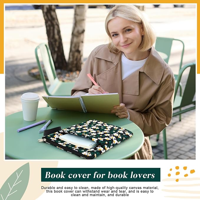 12''x9'' Daisy Embroidered Book Sleeve with Cotton Lining with Handle and Zipper Book Protector for Paperback and Hardcover, Christmas Ideal Gift Book Sleeve Pouch for Book Lovers(Black)