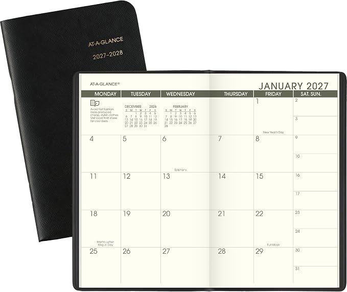 AT-A-GLANCE 2027-2028 Planner, 2-Year Monthly Planner, 3.5" x 6", Pocket Size, Unruled Daily Blocks, Recycled Black (70024G0527)