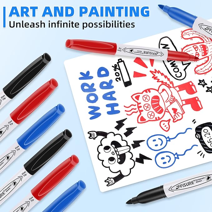 Permanent Markers, Black, Blue, Red, 15 Pack, Fine Point，Assorted Colors Set, Works on Wood, Plastic, Metal, and More, for Adults, Artist, Teacher, Kids
