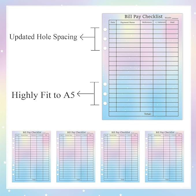 50 Pack Payment Checklist Refills 6-Hole Punched Loose Leaf Budget Planner Refill - Colorful Monthly Budget Forms Budget Planner Note Card for A5 Binder Saving Organizer Budgeting (Colorful)