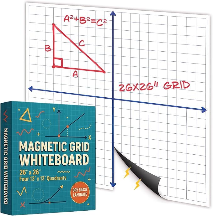 Houseables Magnetic Grid Whiteboard, Dry Erase Grid, Magnetic Graph Paper for Whiteboard, 26”x26”, White, Laminated, Dry Erase Graph Board, XY Coordinate Lines, Math Graphing, Coordinate Plane, School