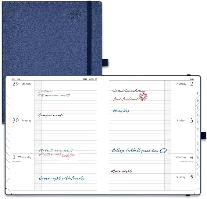 POPRUN Planner 2026-2027 (Large 8.5"x 10.5"), Horizontal Weekly Notebook Jul.2026 - Jun.2027, Academic Appointment Book with Monthly Tabs, Leather Hardcover, Inner Pocket - Navy Blue