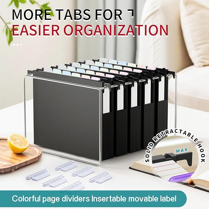 Uquelic Plastic Hanging File Folders Letter Size, 12 Pack Reinforced Heavy Duty Hang Folder with Movable Pastel Dividers, Adjustable Tabs, 2" File Organizer for Filing Cabinet, School, Office