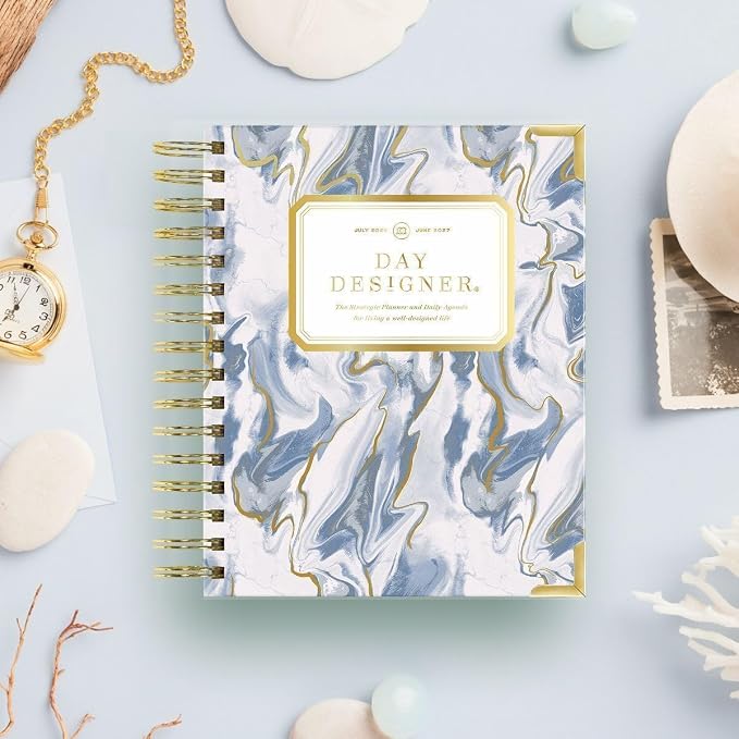 Day Designer 2026-2027 Mini Daily Academic Year Planner Calendar, July 2026 - June 2027, 6" x 8.125", Glossy Laminated Cover, Wirebound, Laminated Tabs, Storage Pocket, Includes Stickers & Snap-In Ruler, Azure